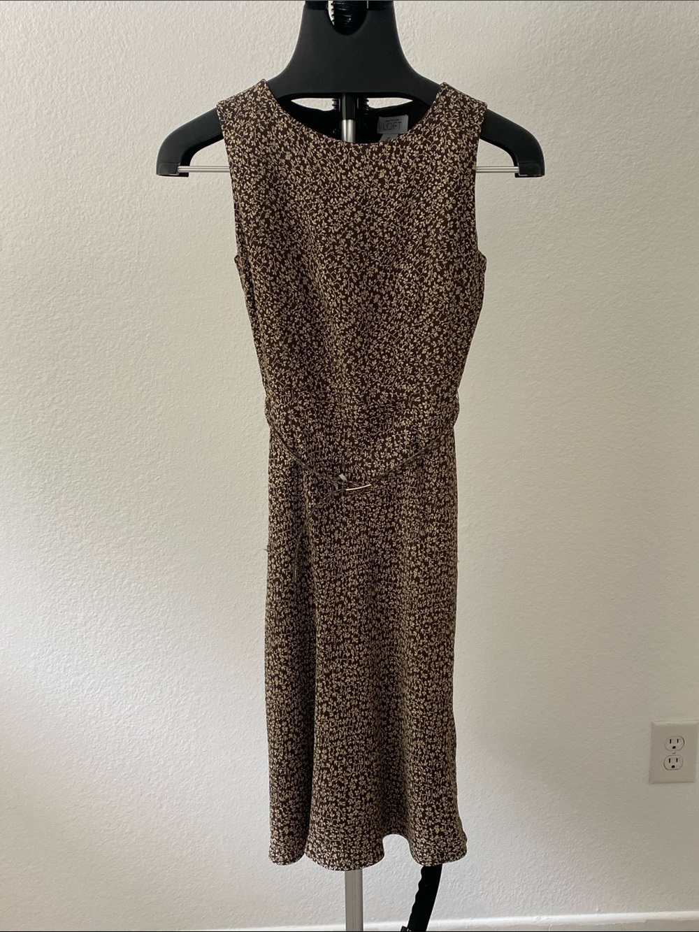 LOFT Brown Floral-Print Sleeveless Midi Dress with Waist Tie
